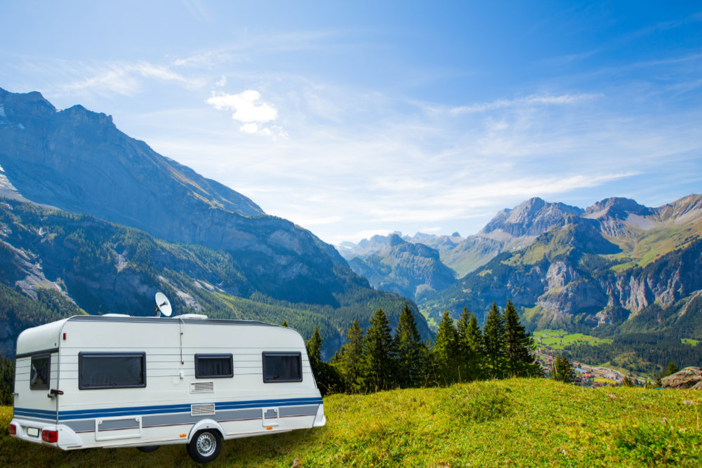 Caravan in a relaxing nature camp site at Switzerland